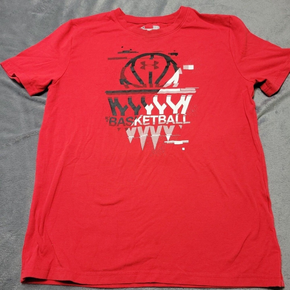 Under Armour Shirt Boys YLG Red Basketball Activewear Crew Neck Loose Fit Logo L